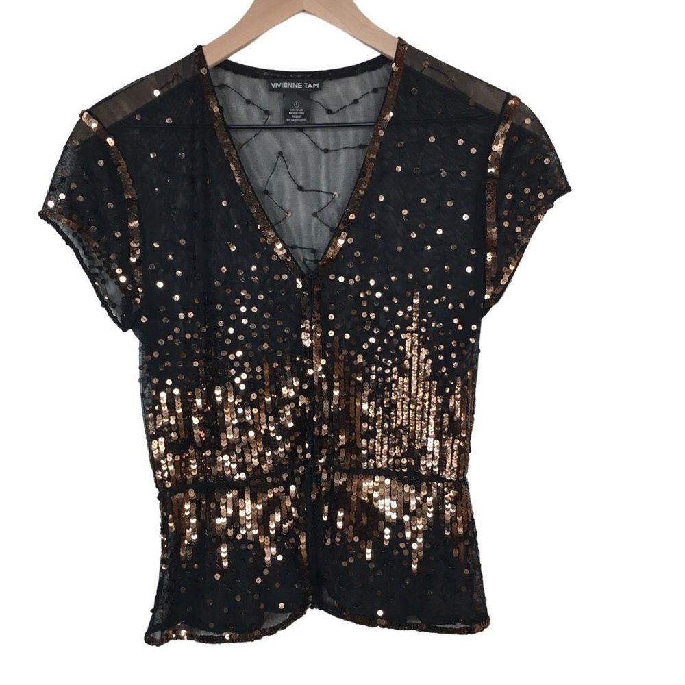 Vivienne Tam Sheer Top Black Gold Sequin Detail Short Sleeves Small #0071